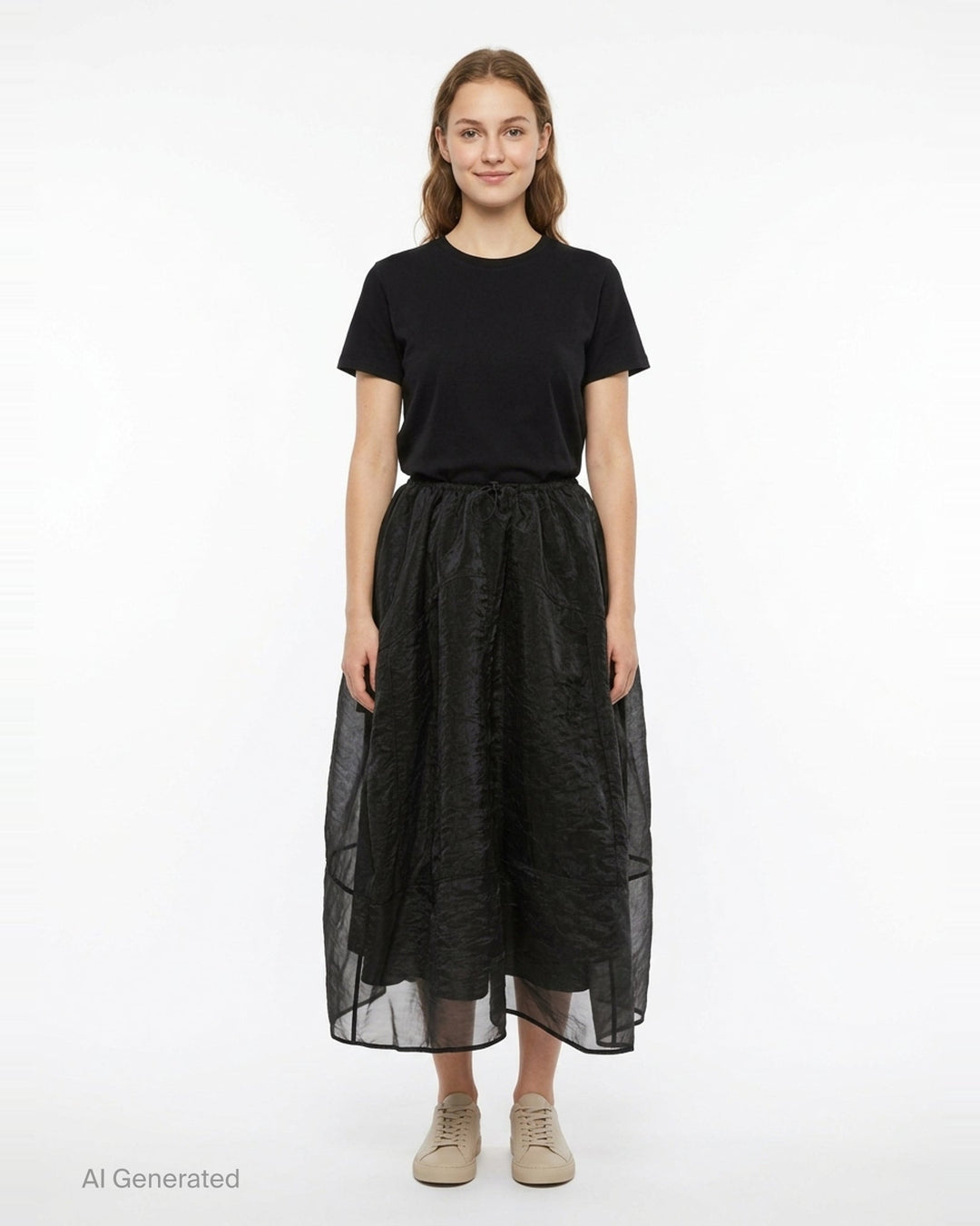 Cecilie Bahnsen Liquid Myrtia Skirt in black crinkled organza with gathered elasticated waistband, voluminous balloon silhouette, and layered sheer asymmetric hem - front
