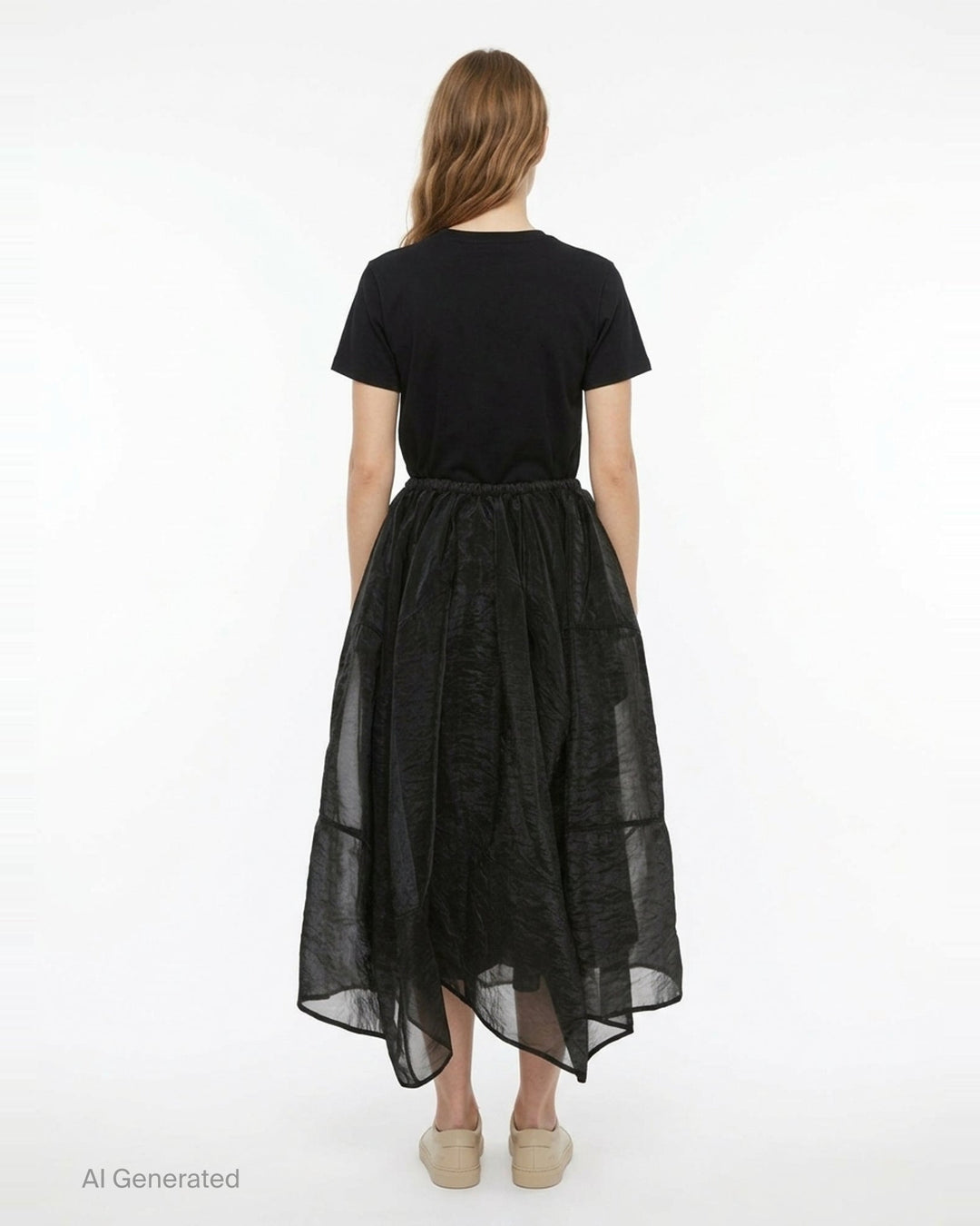 Cecilie Bahnsen Liquid Myrtia Skirt in black crinkled organza with gathered elasticated waistband, voluminous balloon silhouette, and layered sheer asymmetric hem - back