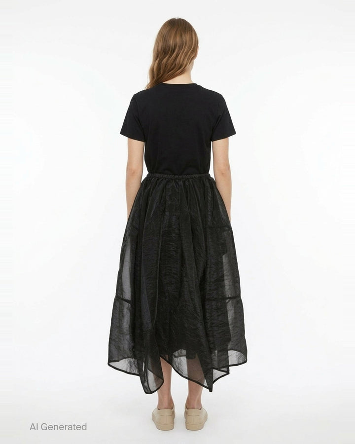 Cecilie Bahnsen Liquid Myrtia Skirt in black crinkled organza with gathered elasticated waistband, voluminous balloon silhouette, and layered sheer asymmetric hem - back