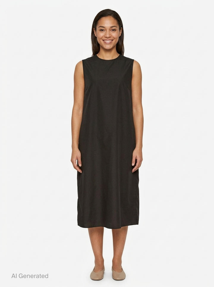Cecilie Bahnsen Recycled Faille Midi Dress in deep espresso brown, sleeveless with a round neckline, relaxed cocoon silhouette, and curved hem, shown on a white background - front
