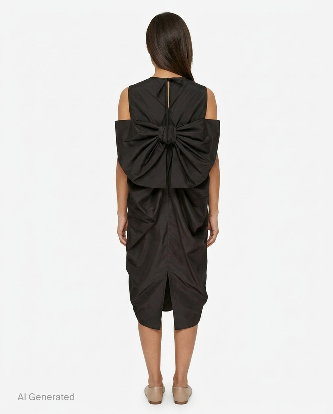 Cecilie Bahnsen Recycled Faille Midi Dress in deep espresso brown, sleeveless with a round neckline, relaxed cocoon silhouette, and curved hem, shown on a white background - back