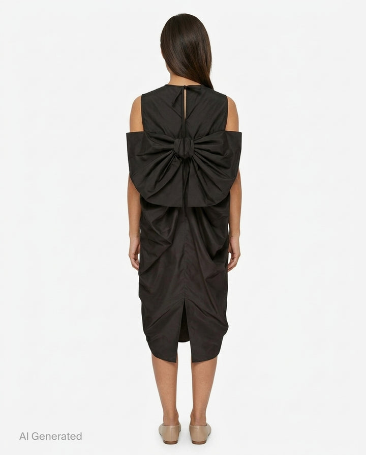 Cecilie Bahnsen Recycled Faille Midi Dress in deep espresso brown, sleeveless with a round neckline, relaxed cocoon silhouette, and curved hem, shown on a white background - back