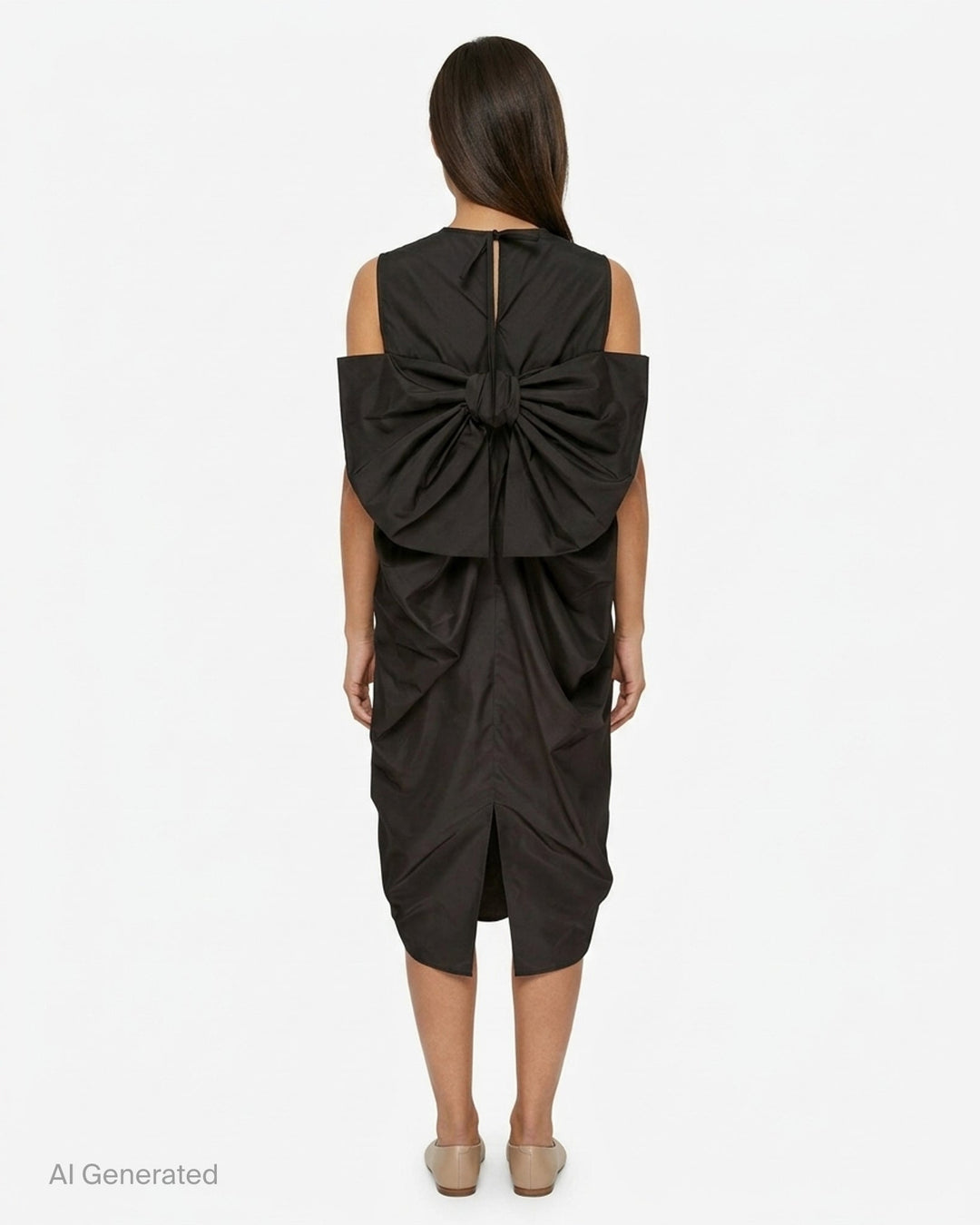 Cecilie Bahnsen Recycled Faille Midi Dress in deep espresso brown, sleeveless with a round neckline, relaxed cocoon silhouette, and curved hem, shown on a white background - back