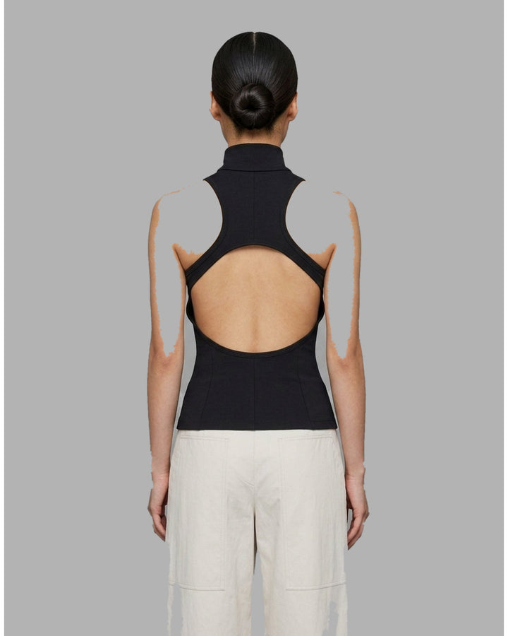 Black sleeveless high-neck stretch modal jersey top with a concealed centre back zip, shown from the back - back