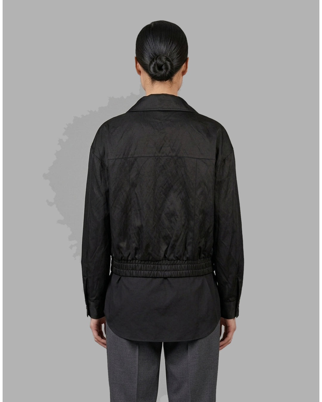 Cream cropped bomber jacket with stand collar, flap chest pockets, metal snap buttons and elasticated hem by Club21 Collection - back