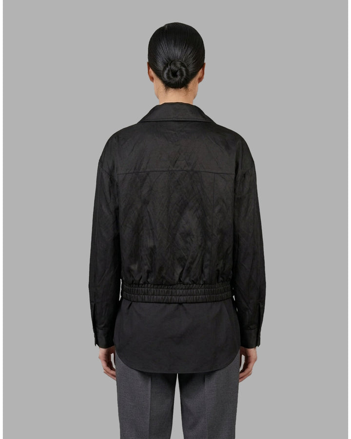 Cream cropped bomber jacket with stand collar, flap chest pockets, metal snap buttons and elasticated hem by Club21 Collection - back