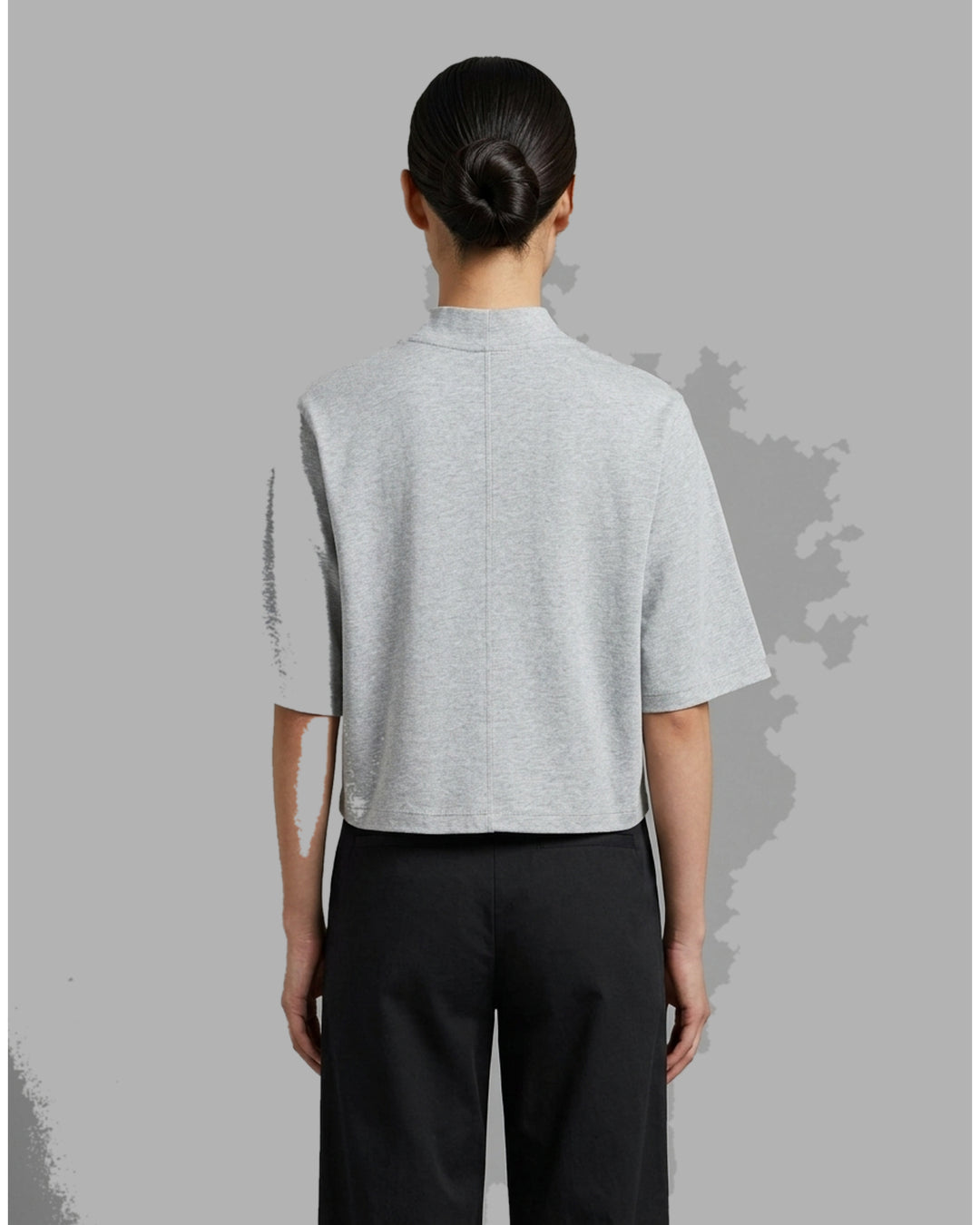 Red cropped cotton spandex jersey tee with mock neckline and elbow-length sleeves, shown front view - back