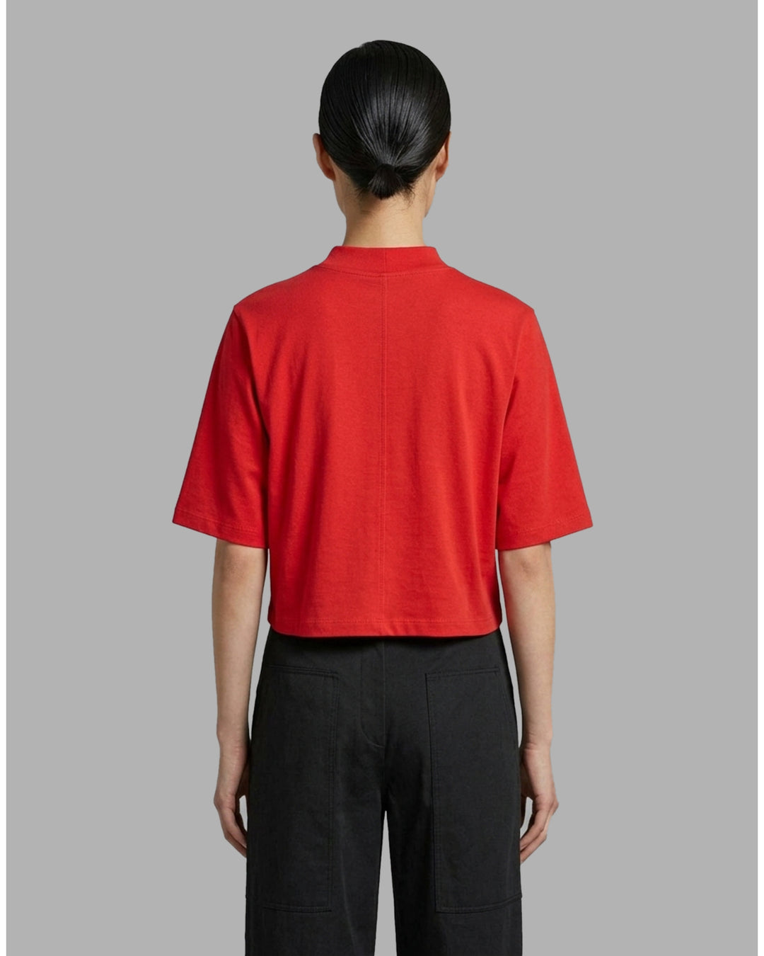Red cropped cotton spandex jersey tee with mock neckline and elbow-length sleeves, shown front view - back
