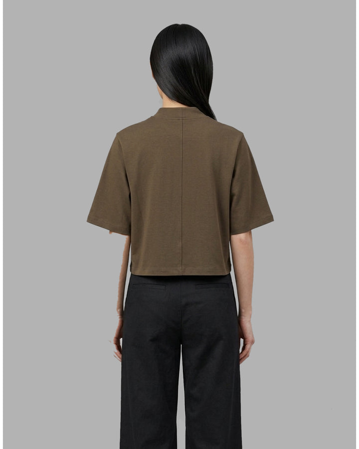 Red cropped cotton spandex jersey tee with mock neckline and elbow-length sleeves, shown front view - back