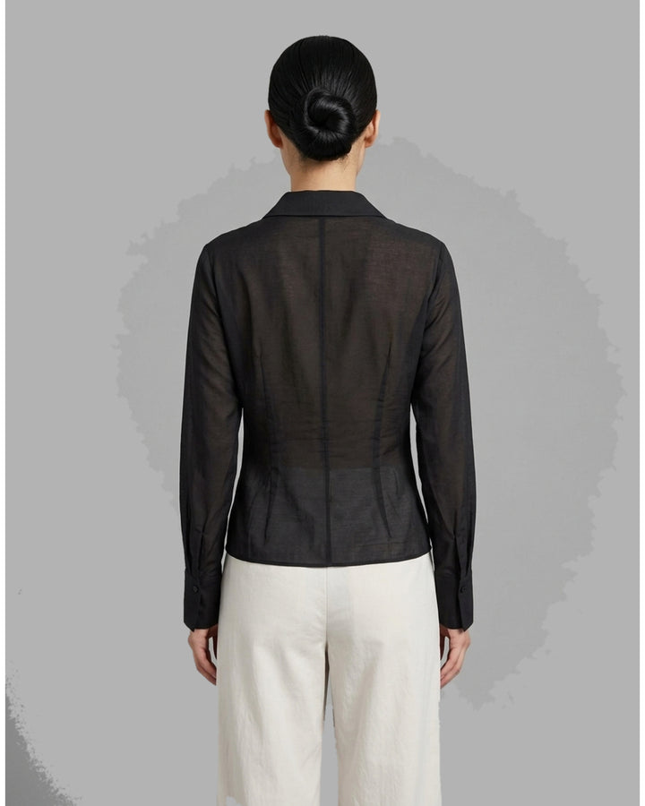 Club21 Collection Juliette black semi-sheer silk cotton blouse with draped cowl neckline, open collar and long sleeves with wide cuffs - back