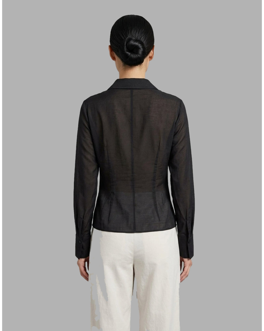 Club21 Collection Juliette black semi-sheer silk cotton blouse with draped cowl neckline, open collar and long sleeves with wide cuffs - back