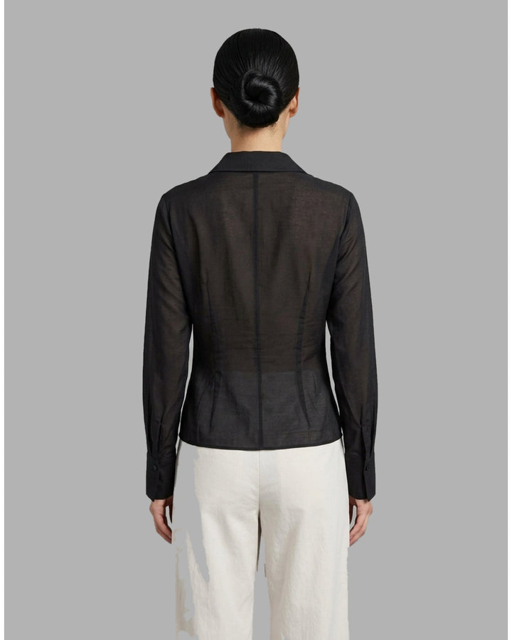 Club21 Collection Juliette black semi-sheer silk cotton blouse with draped cowl neckline, open collar and long sleeves with wide cuffs - back