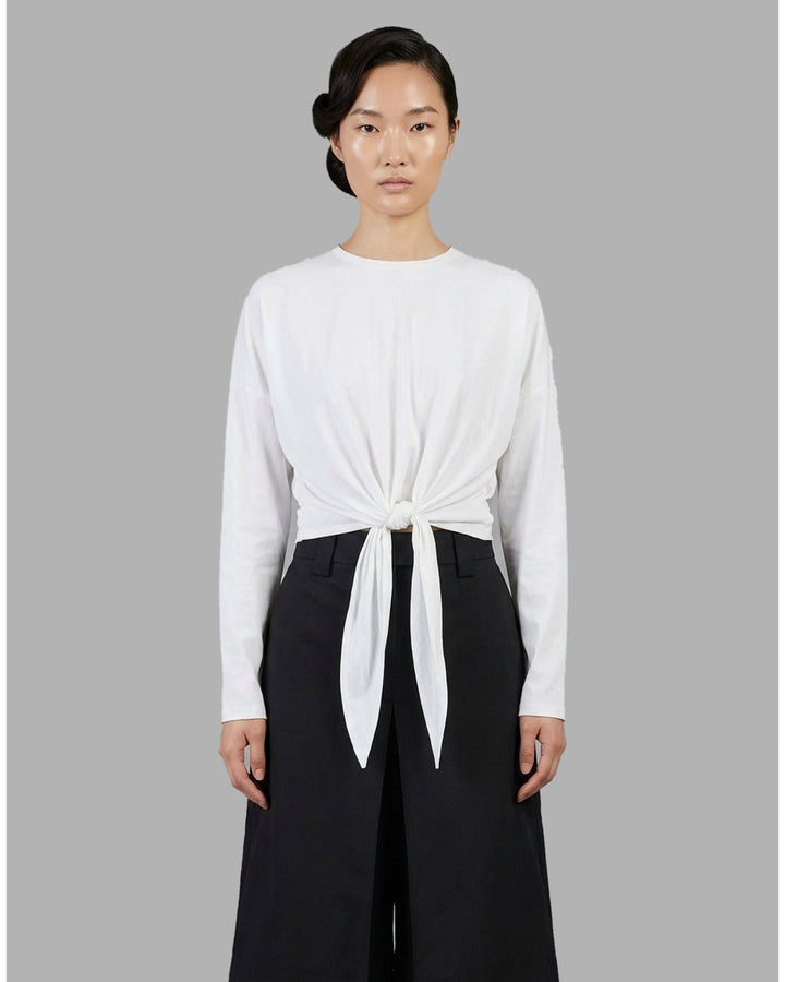 Club21 Collection Leni white long-sleeve cotton jersey top with drop shoulders and a knotted tie at the front hem - front