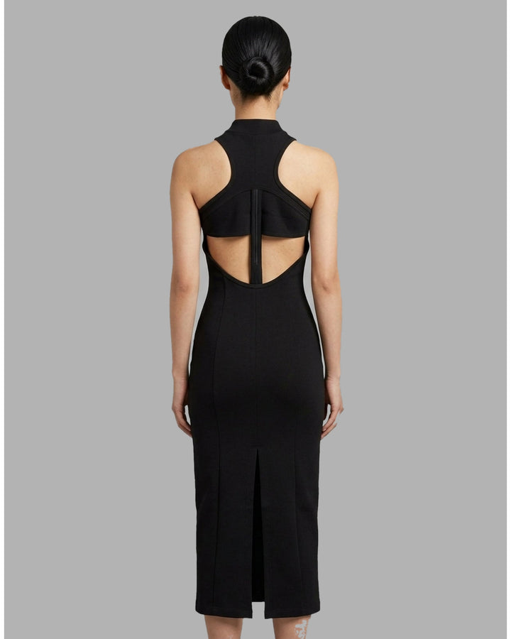 Back view of the Luna sleeveless high-neck midi dress in black stretch modal jersey with a concealed centre back zip - back