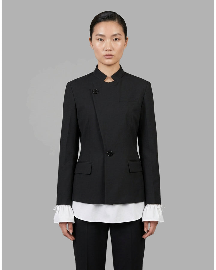 Black wool-mix tailored jacket with asymmetric button front, stand collar, welt chest pocket and flap hip pockets - front