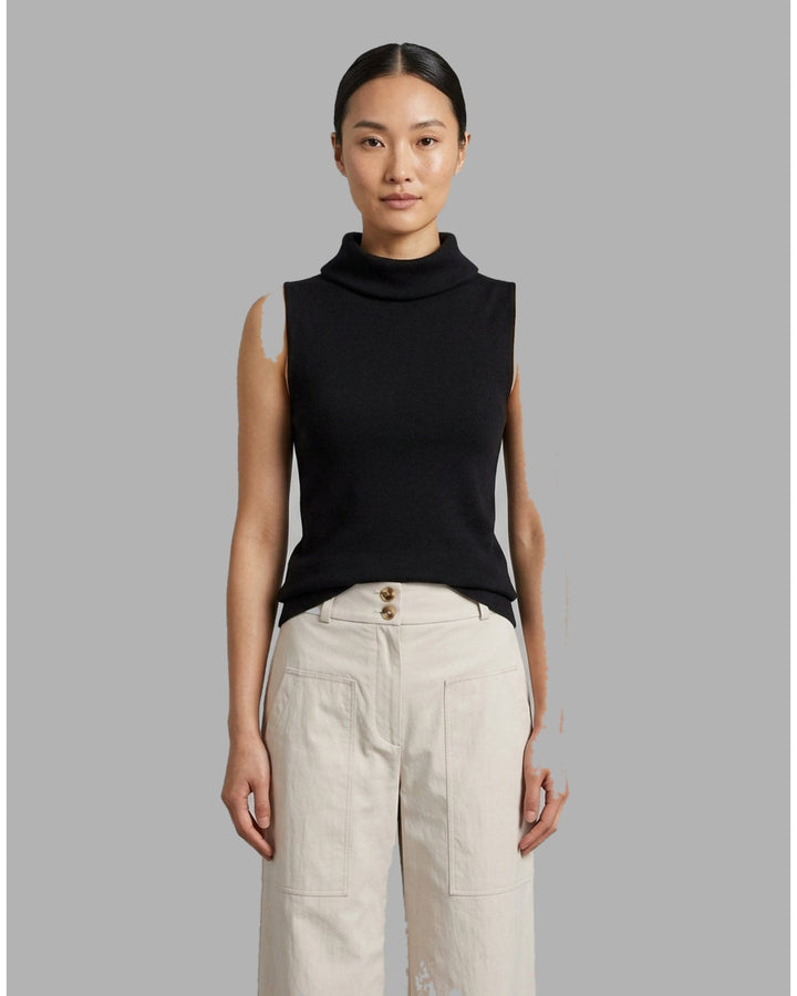 Black sleeveless roll neck knit top in fine ribbed silk cotton yarn, shown flat from the front - front