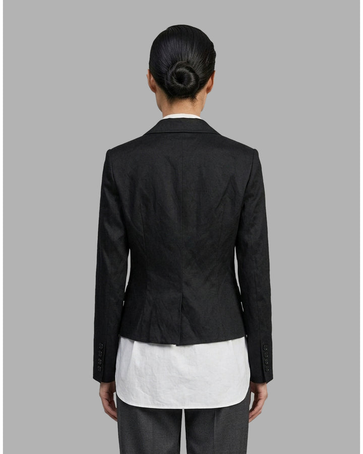 Black cropped blazer with wide notched lapels, flap pockets and a crinkled finish from Club21 Collection - back