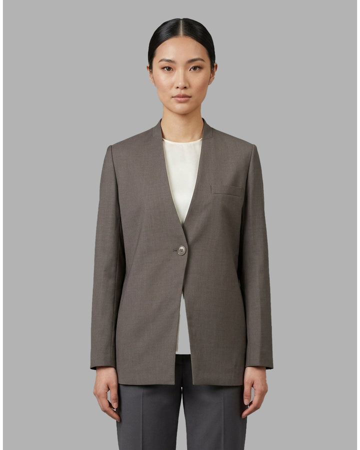 Club21 Collection Tess collarless wool blend blazer in taupe brown with single button closure and chest welt pocket - front