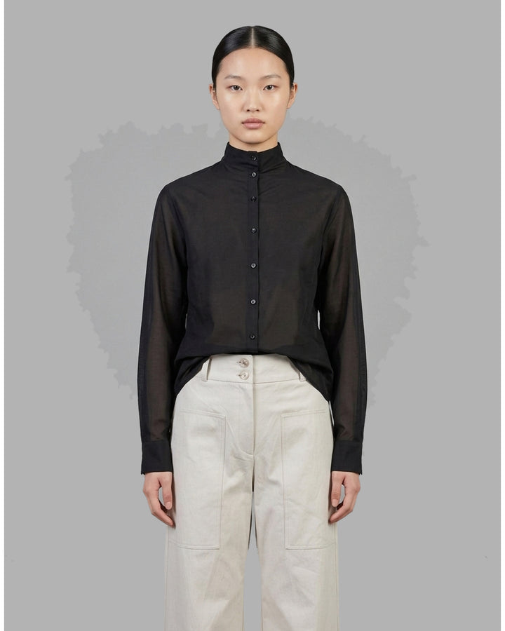 Black sheer silk cotton button-up shirt with stand collar and extended long sleeve cuffs, front view - front
