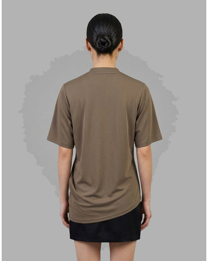Taupe brown mock-neck short sleeve jersey tee with gathered draping at the side seam and an asymmetric hem - back