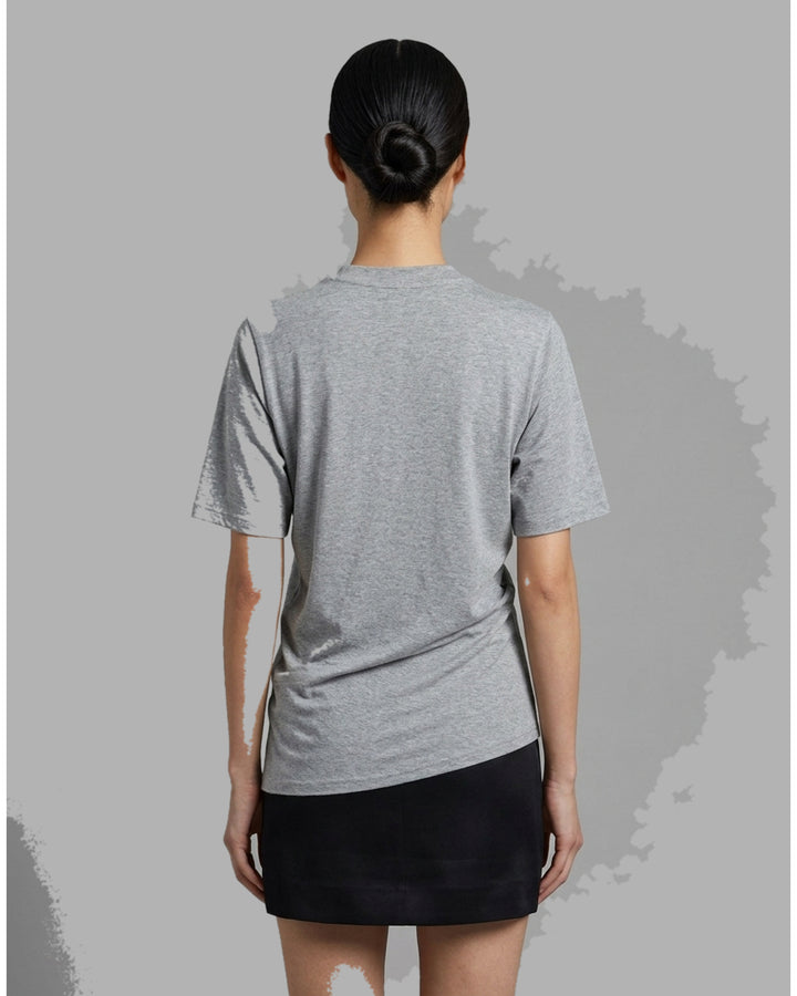 Black short-sleeve crew neck jersey tee with gathered side draping and an asymmetric hem, shown flat against a white background - back