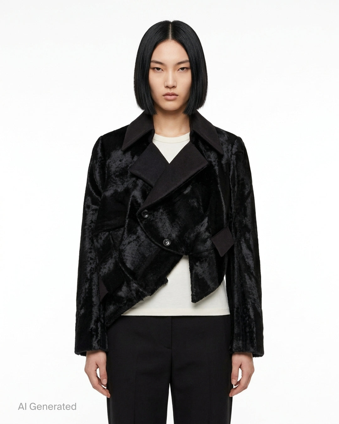 Comme des Garçons cropped asymmetric blazer in black faux fur with contrast collar and flap details - front