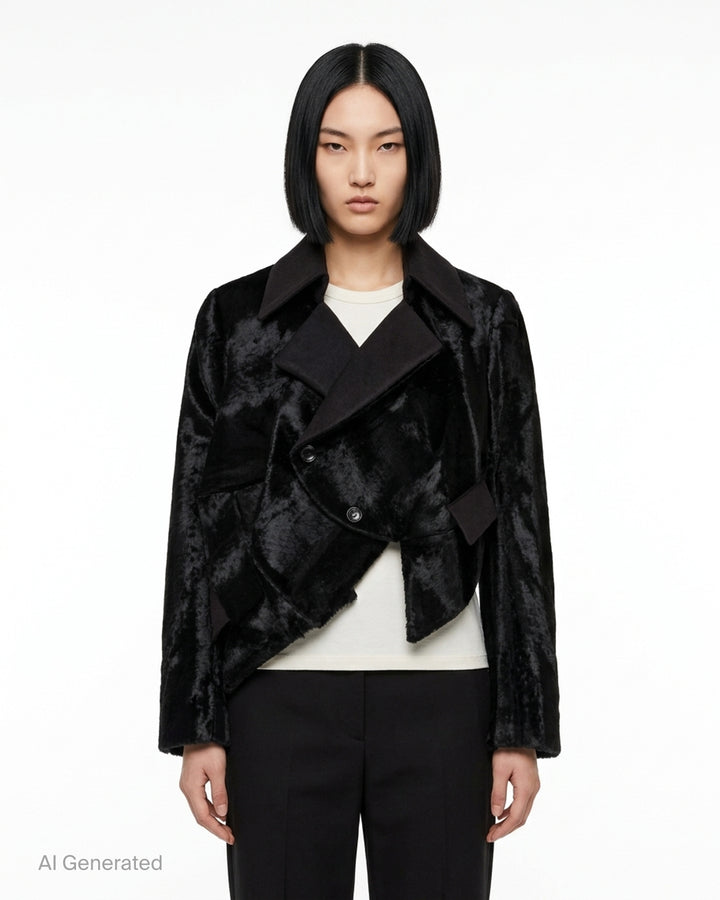 Comme des Garçons cropped asymmetric blazer in black faux fur with contrast collar and flap details - front