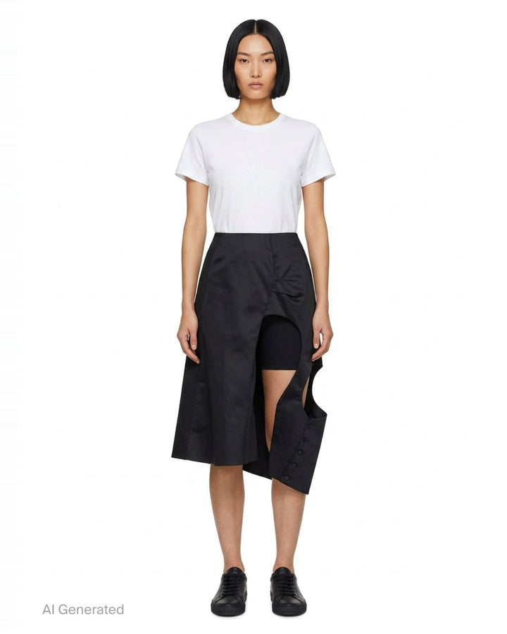 Comme des Garçons black asymmetric draped long skirt with cascading side panel and structured A-line silhouette - front