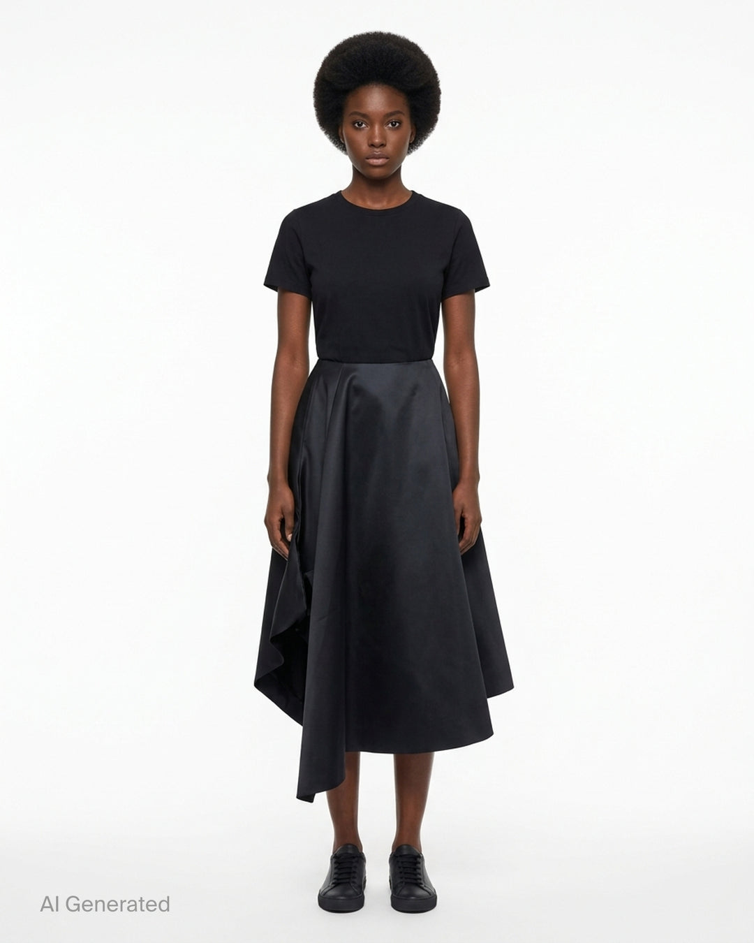 Comme des Garçons black asymmetrical draped midi skirt with pleated waist and flowing satin-finish fabric - front