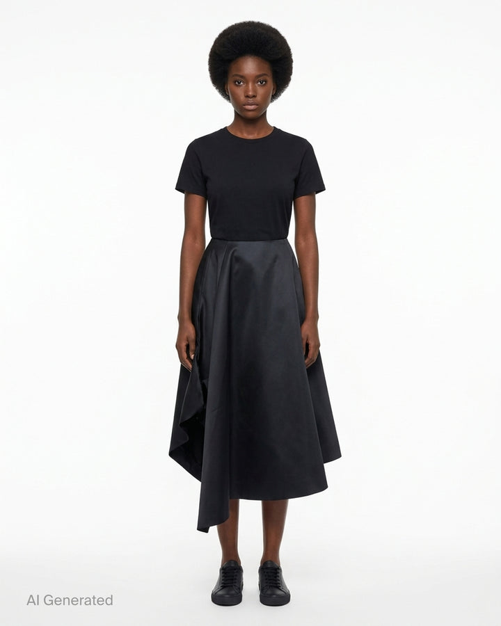 Comme des Garçons black asymmetrical draped midi skirt with pleated waist and flowing satin-finish fabric - front