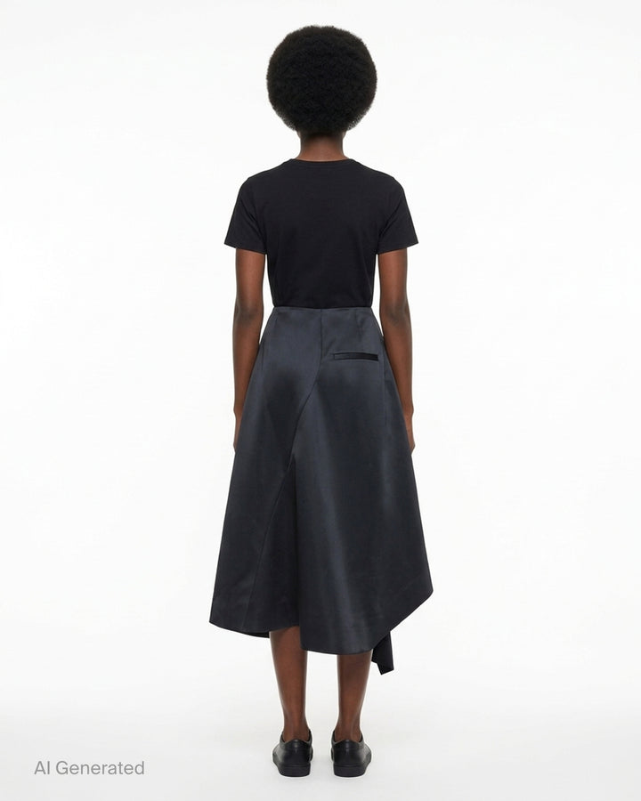 Comme des Garçons black asymmetrical draped midi skirt with pleated waist and flowing satin-finish fabric - back