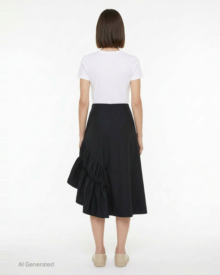 Comme des Garçons black asymmetrical midi skirt with ruched detailing and a flared hem, shown from the side against a white background - back