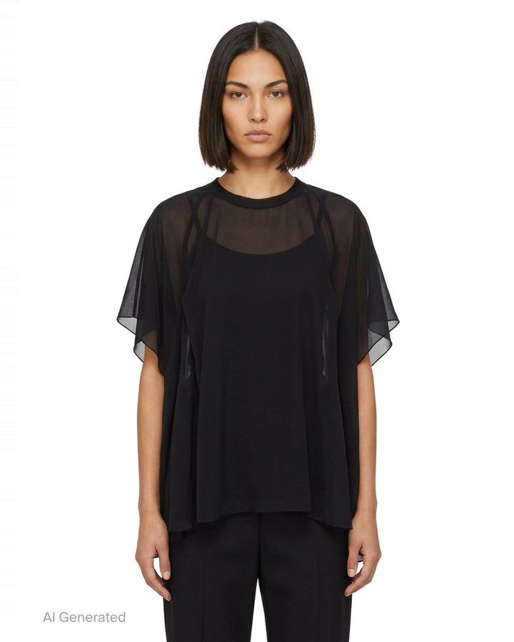 Comme des Garçons asymmetrical panelled oversize tee in black, featuring sheer chiffon flutter cape panels over an opaque jersey body, shown flat on white background - front