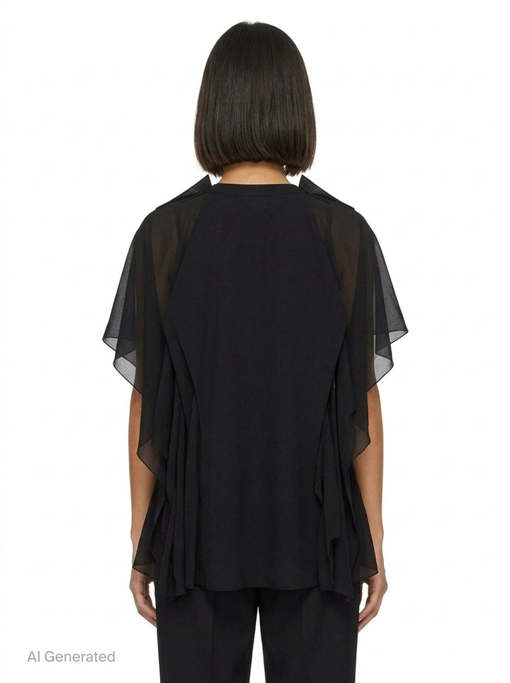 Comme des Garçons asymmetrical panelled oversize tee in black, featuring sheer chiffon flutter cape panels over an opaque jersey body, shown flat on white background - back