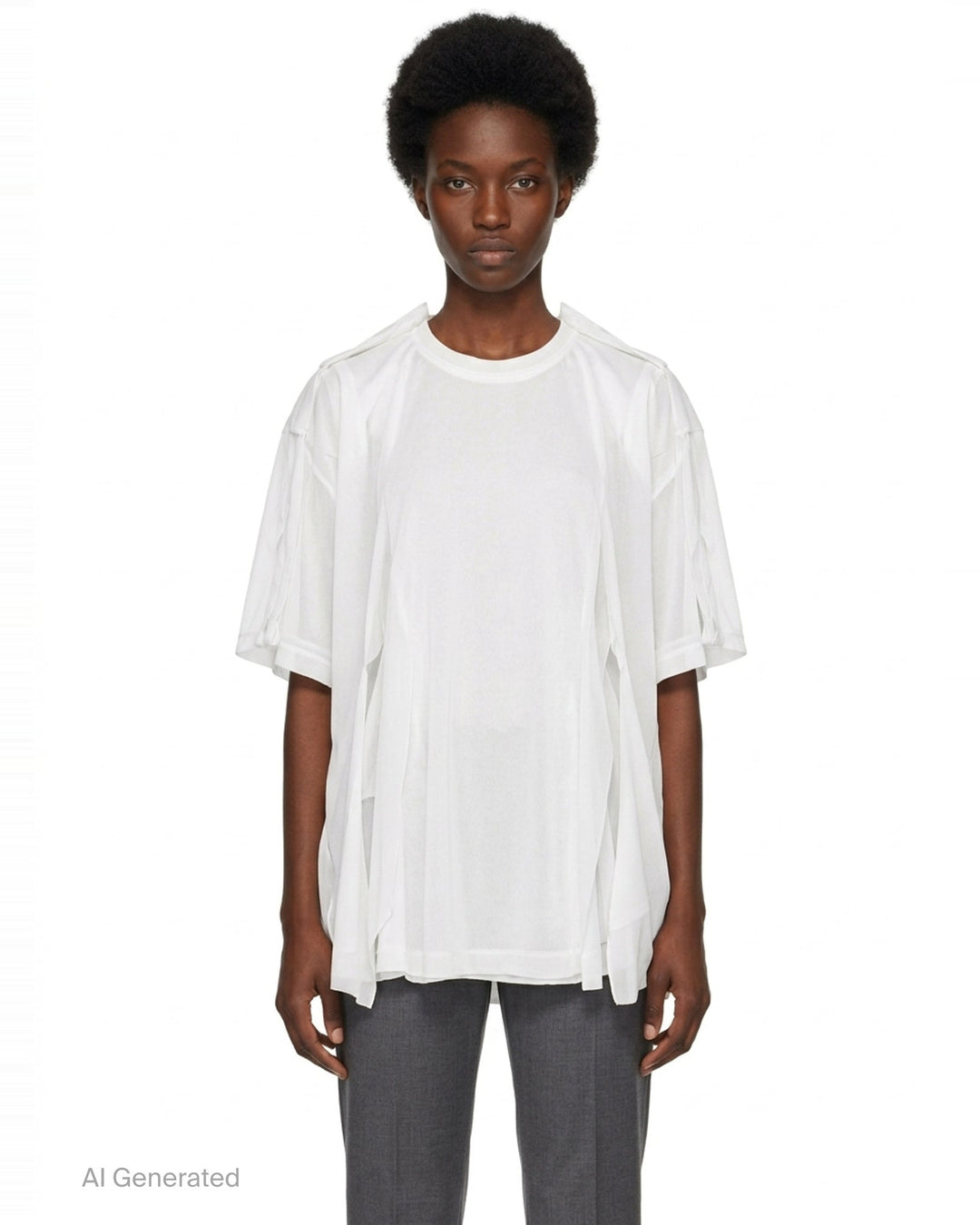 Comme des Garçons white asymmetrical panelled tee with draped fabric panels cascading from the shoulders and sides, crew neckline, short sleeves - front