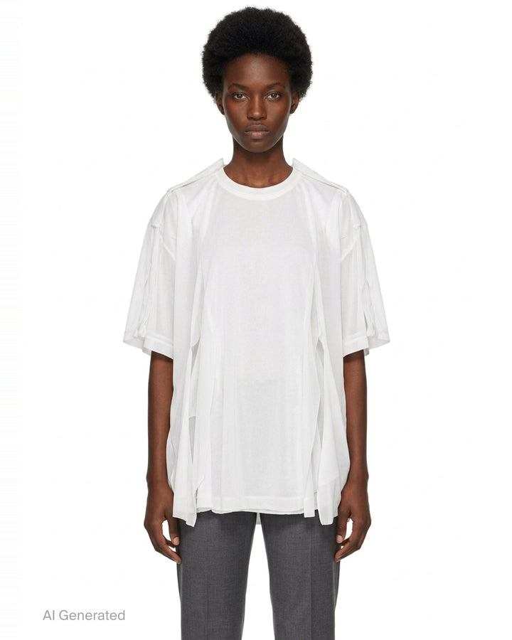 Comme des Garçons white asymmetrical panelled tee with draped fabric panels cascading from the shoulders and sides, crew neckline, short sleeves - front