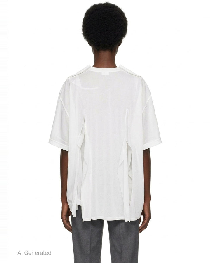 Comme des Garçons white asymmetrical panelled tee with draped fabric panels cascading from the shoulders and sides, crew neckline, short sleeves - back