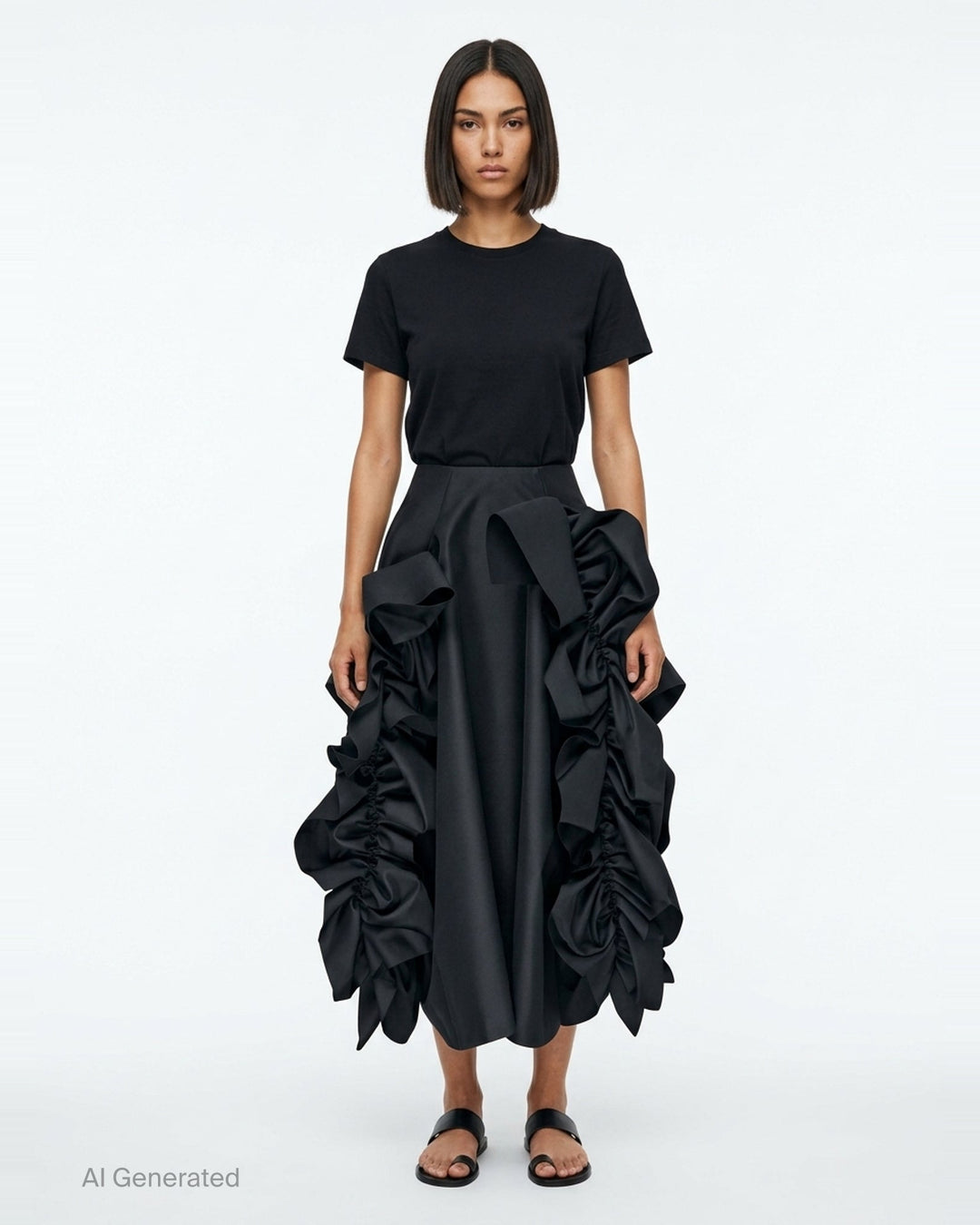 Comme des Garçons black asymmetrical midi skirt with voluminous gathered ruffle panels on both sides and a smooth structured centre panel, photographed on a white background - front