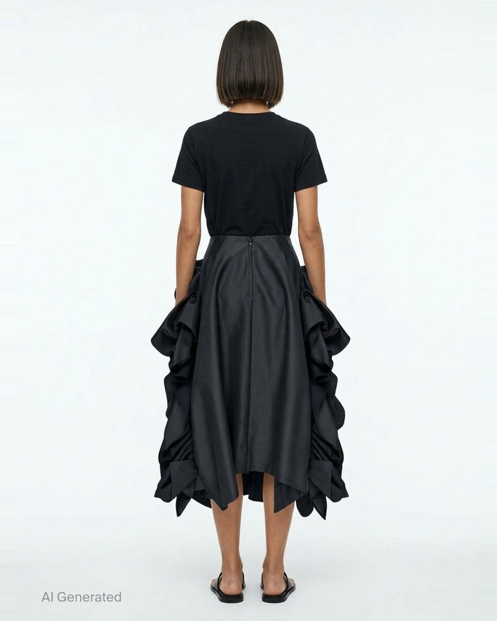 Comme des Garçons black asymmetrical midi skirt with voluminous gathered ruffle panels on both sides and a smooth structured centre panel, photographed on a white background - back