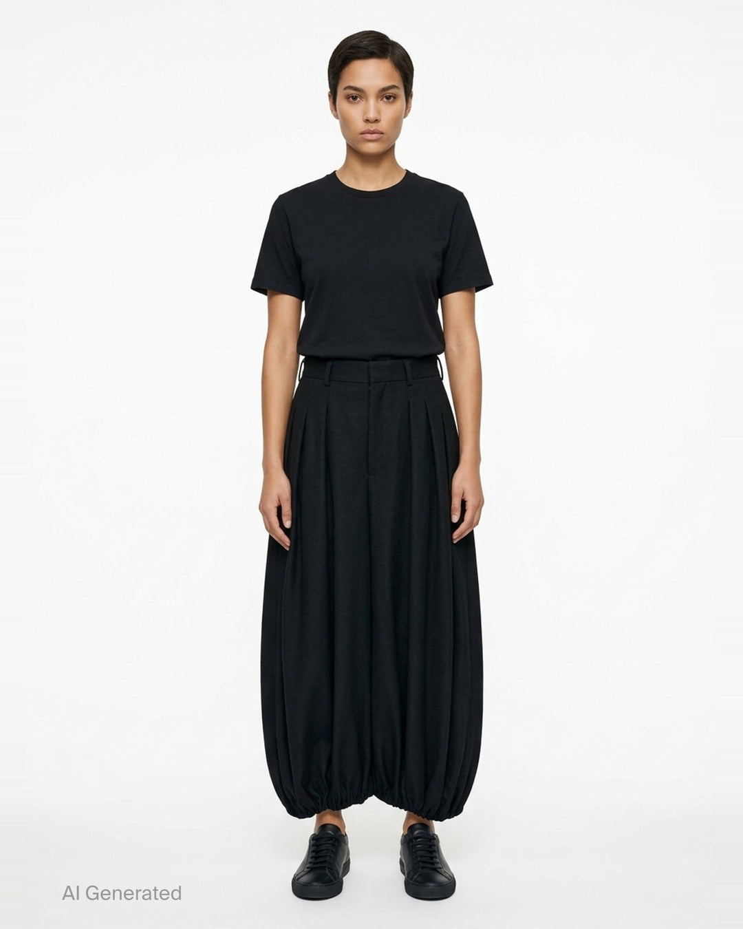 Comme des Garçons black balloon trousers with pleated high waist, voluminous silhouette, and elasticated gathered hems, shot flat on white background - front