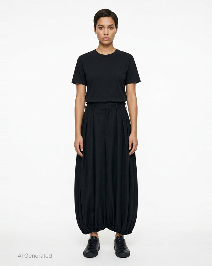Comme des Garçons black balloon trousers with pleated high waist, voluminous silhouette, and elasticated gathered hems, shot flat on white background - front