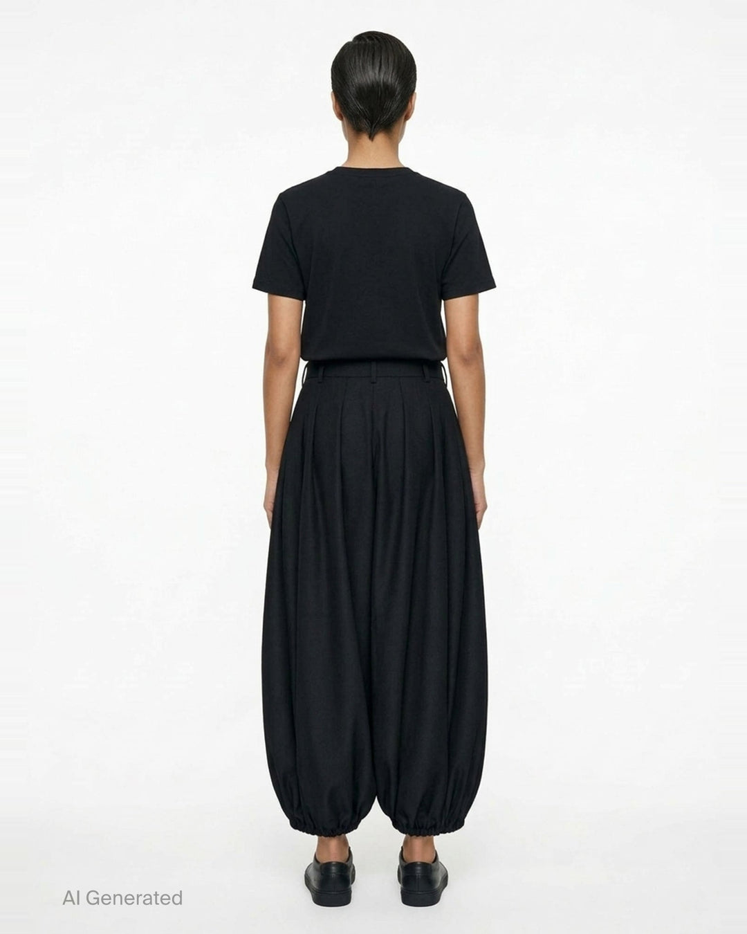 Comme des Garçons black balloon trousers with pleated high waist, voluminous silhouette, and elasticated gathered hems, shot flat on white background - back
