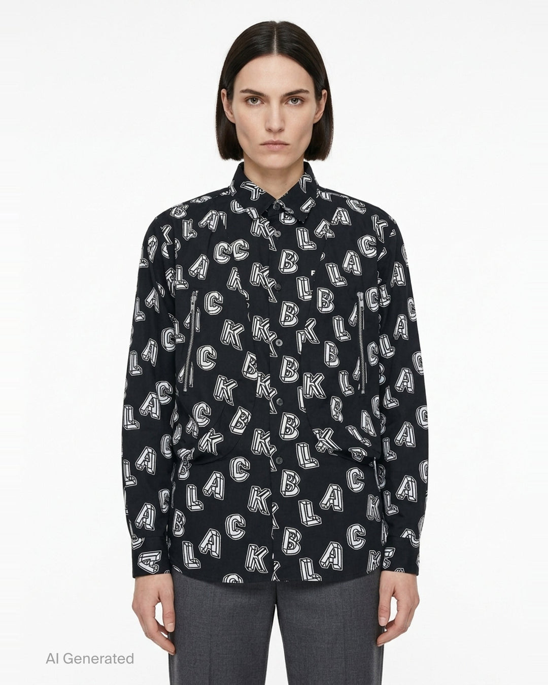 Comme des Garçons BLACK Filip Pagowski long sleeve black cotton shirt with all-over 3D white typographic letterform print and zip detailing on the front panels - front