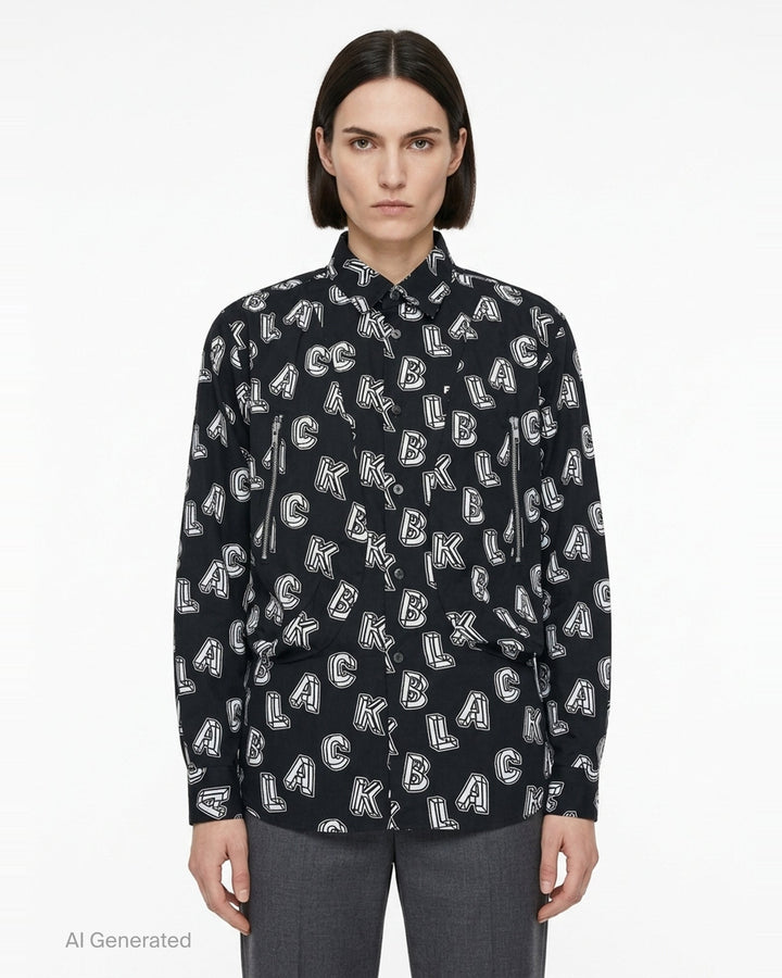 Comme des Garçons BLACK Filip Pagowski long sleeve black cotton shirt with all-over 3D white typographic letterform print and zip detailing on the front panels - front