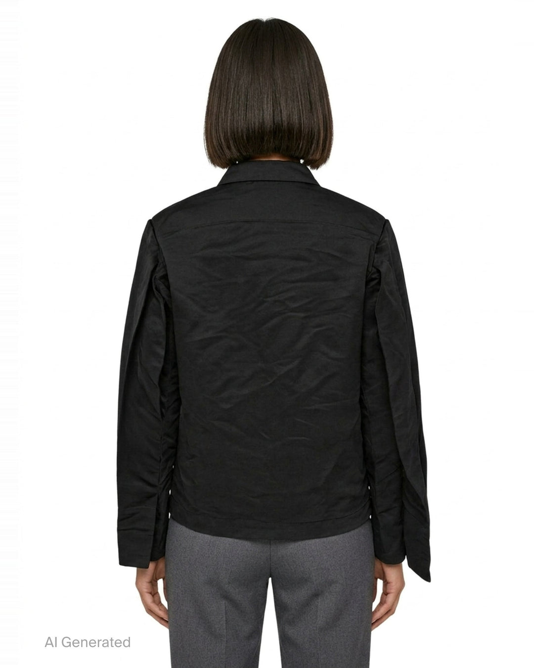 Comme des Garçons BLACK heavy polyester satin jacket in black, featuring a mandarin collar, three frog-button closures, and two patch pockets on a white background - back