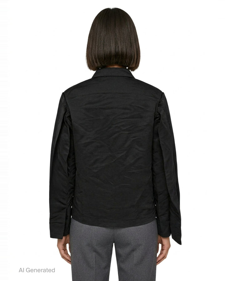 Comme des Garçons BLACK heavy polyester satin jacket in black, featuring a mandarin collar, three frog-button closures, and two patch pockets on a white background - back