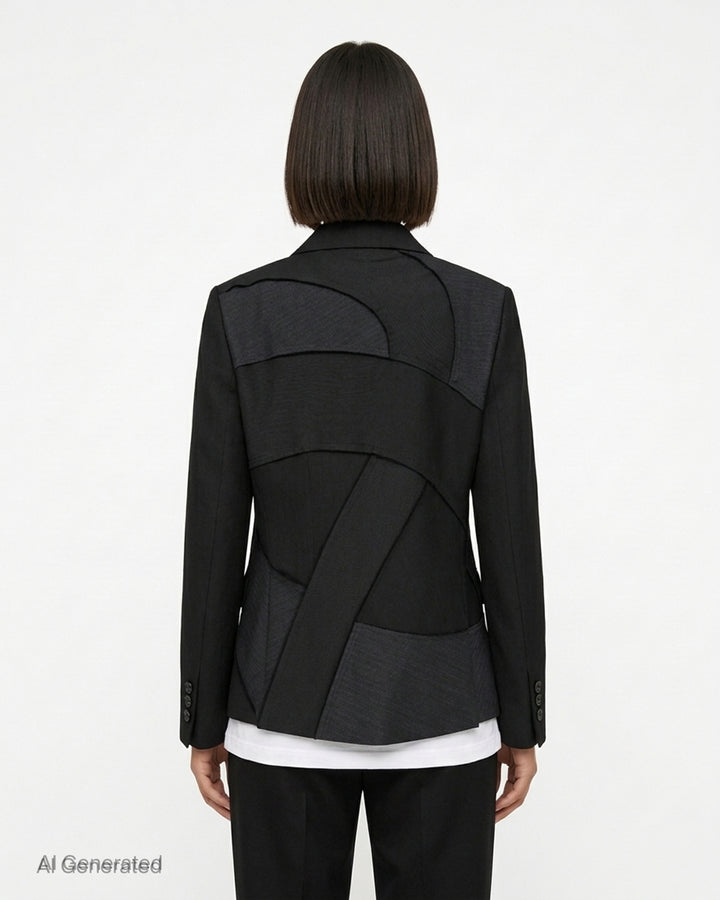 Black herringbone tailored jacket with three-button front, notched lapels, flap pockets and curved contrast panelling by Comme des Garçons Black - back