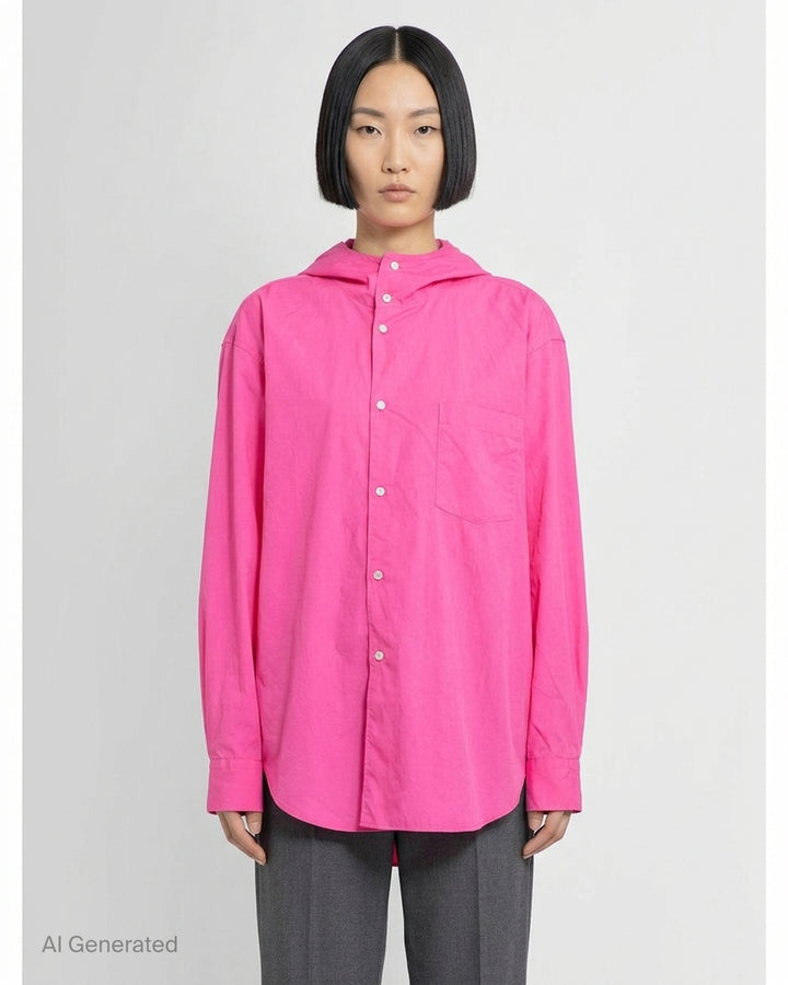Comme des Garçons Black oversized hooded poplin shirt in bright fuchsia pink with asymmetric button placket and chest patch pocket - front