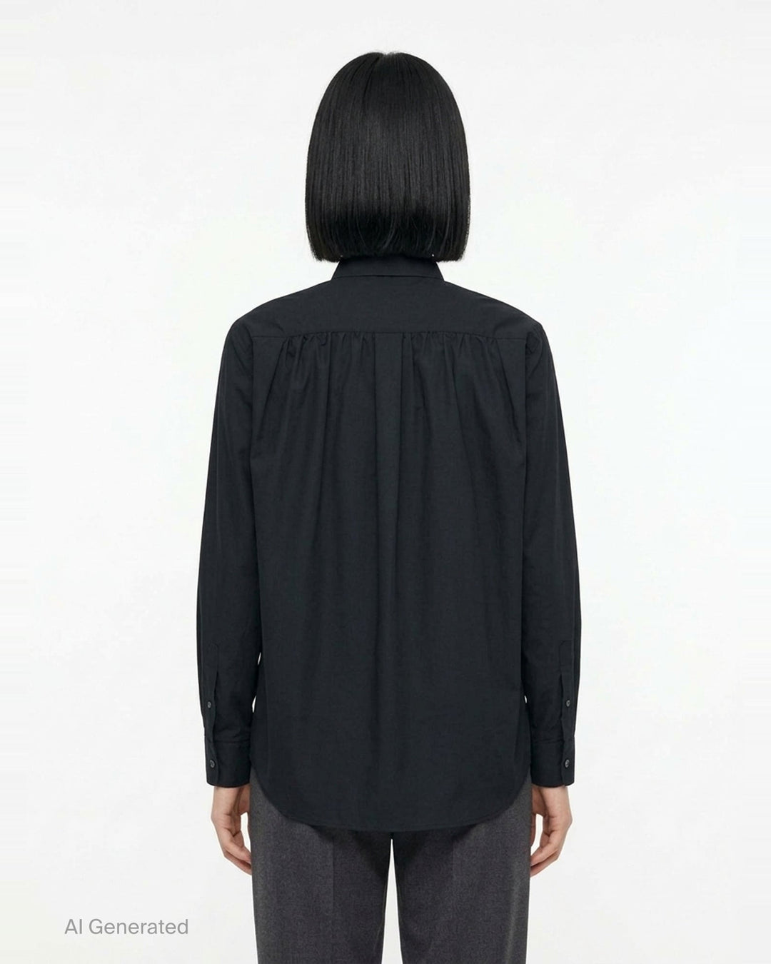 Comme des Garçons Black long sleeve polyester broad shirt in navy, featuring a point collar, tonal buttons, and a chest patch pocket - back