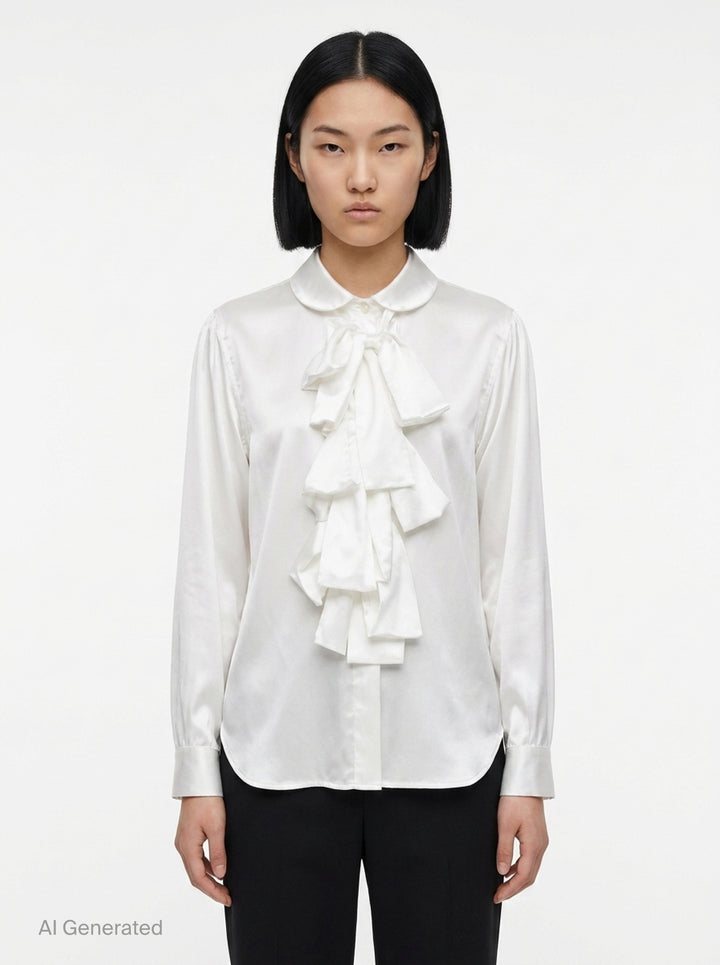 Satin Ruffle Bow Long Sleeve Shirt | BLACK Comme des Garçons | Club21 - front